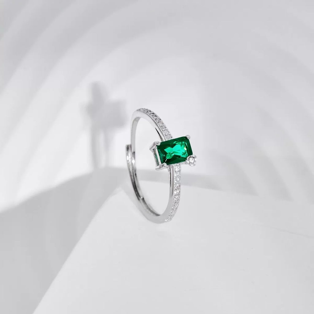 Green and Clear Stone Style Adjustable Ring – Sterling Silver 925